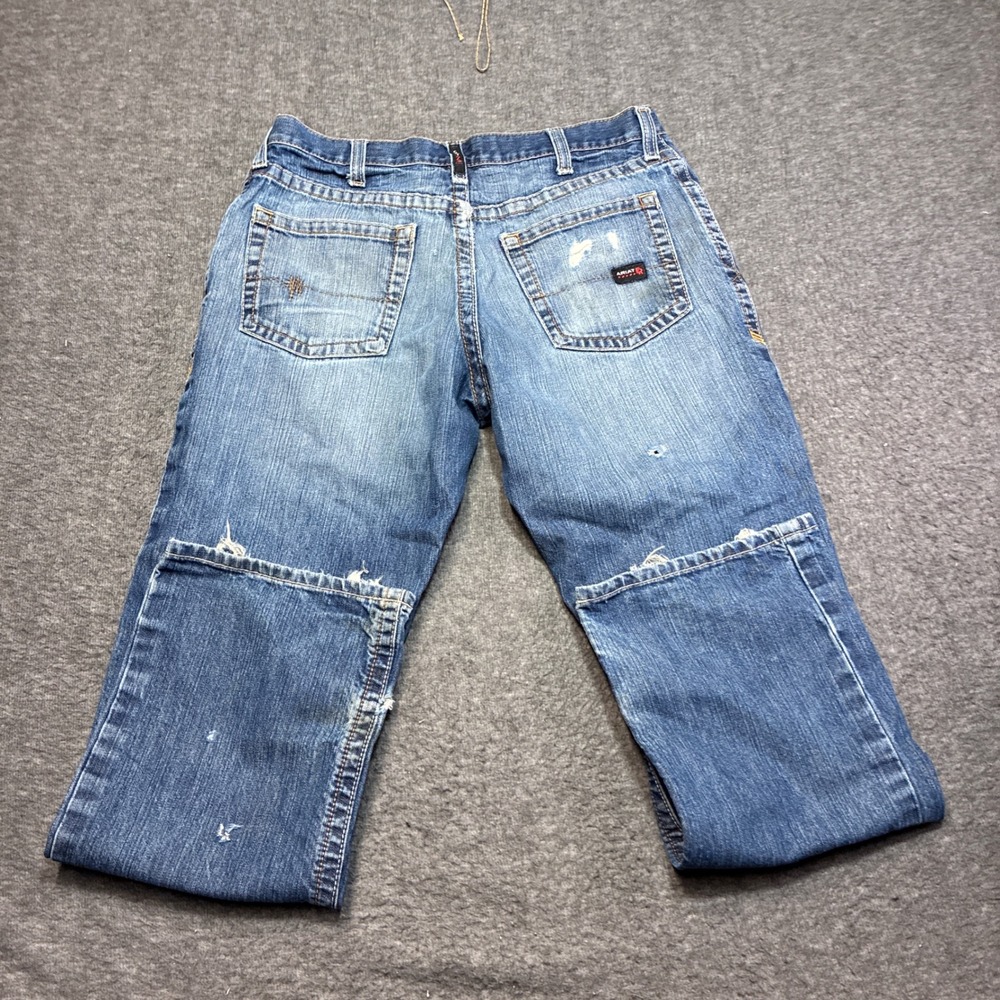 Ariat FR M4 Boot Cut Jeans Mens 34x32 Blue Flame Resistant Distressed USA Fabric